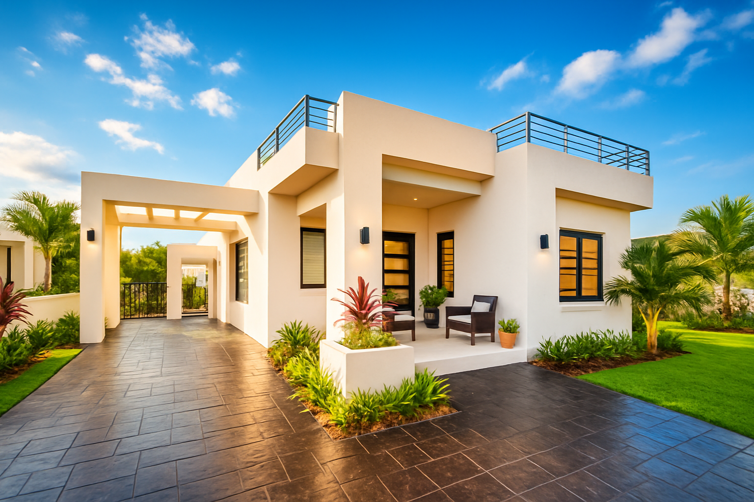 The modern cream exterior of Velvet & Vine with a covered driveway and tropical landscaping