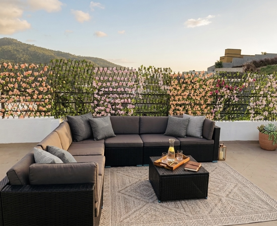 The rooftop lounge at Velvet & Vine — an outdoor sofa among flowering trellis, hills beyond in evening light