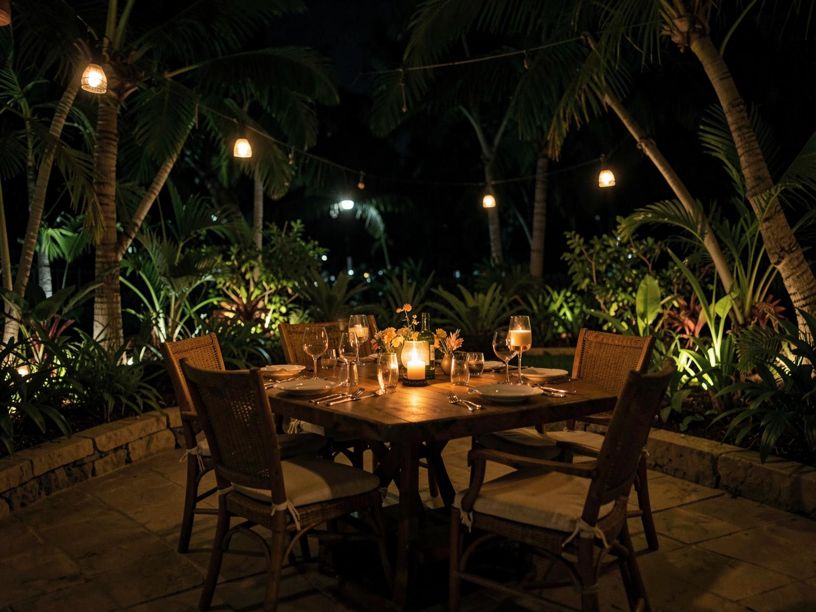 Outdoor dining table set under lanterns among palms at night